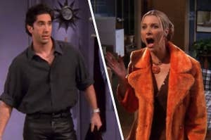 Ross strikes a pose in his new black leather pants and Phoebe, wearing a long orange fuzzy coat, screams in horror.