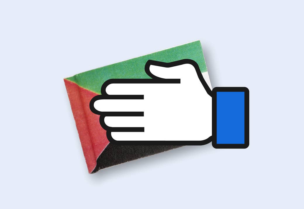 A Facebook-style hand covers a Palestinian flag