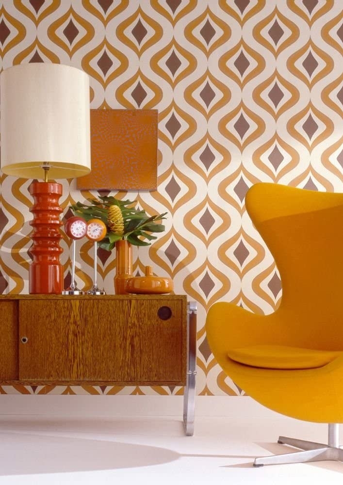 a rounded diamond pattern wallpaper on a wall in a vintage room 