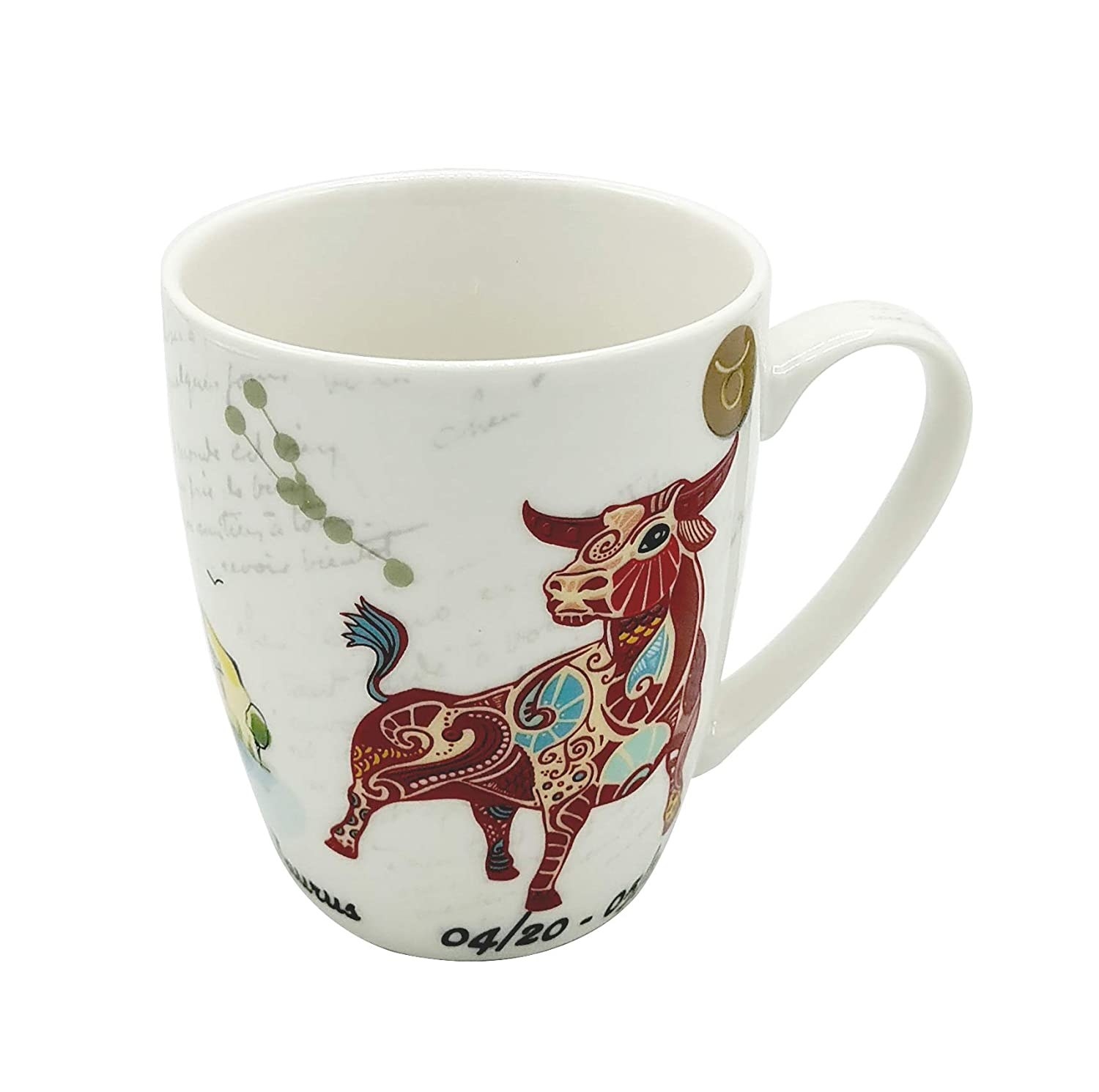 White mug with red Bull design with Taurus dates in black text
