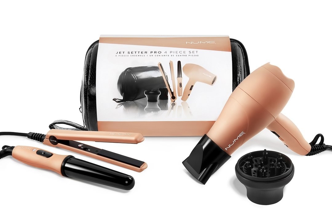 the mini rose gold straightener, curling wand, and blow dryer