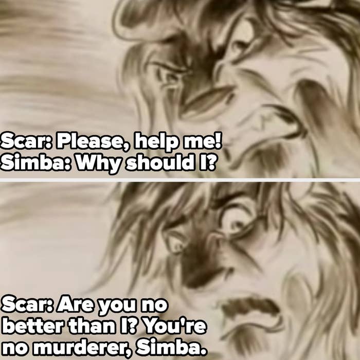 The original ending of The Lion Ling, with Scar begging for Simba to save him