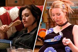 Monica lays on her couch while eating cookie dough from a wooden spoon and Phoebe holds a full cereal bowl on her pregnant stomach.