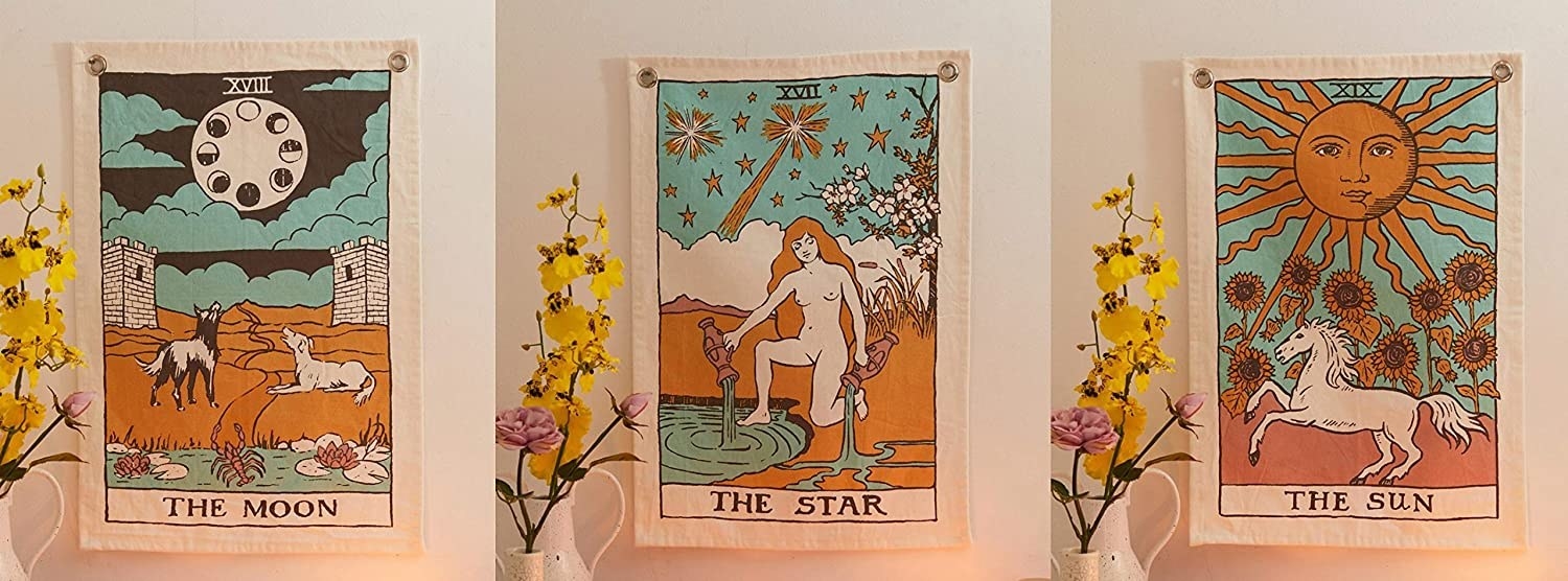 Set of three tarot cotton tapestries- the moon, the star and the sun 