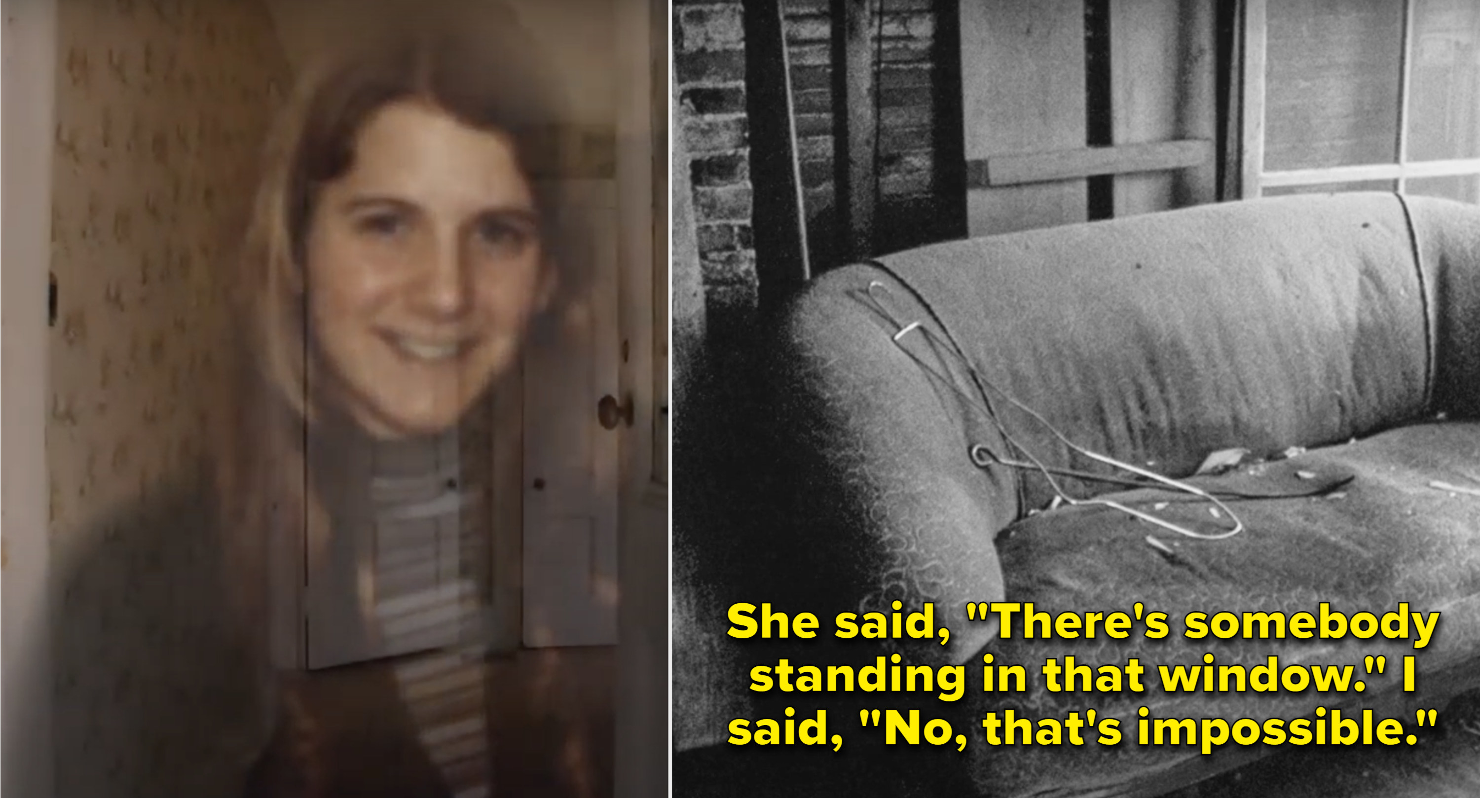 An old photo of Linda Bishop, then a picture of a couch in the abandoned house she lived in