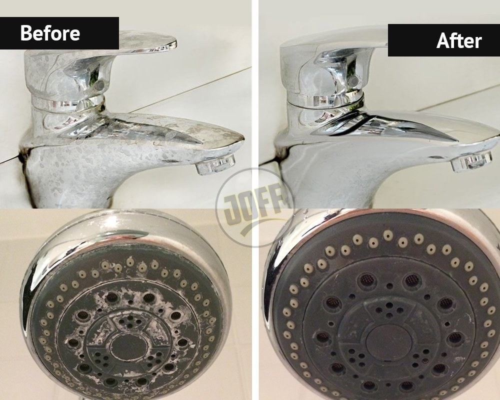 Before and after images of a tap and shower head. They&#x27;re spotless and shiny in the after images