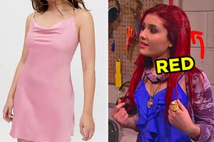 On the left, someone wearing a short slip dress, and on the right, Ariana Grande as Cat in "Victorious" with an arrow pointing to her hair and "red" typed under her face