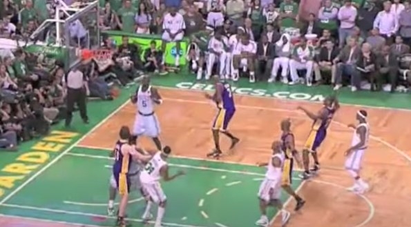Celtics playing against Lakers while one Laker player flinches