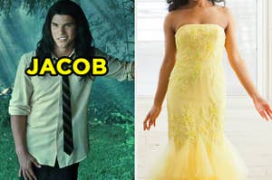 On the left, Jacob from "Twilight," and on the right, someone wearing a strapless gown