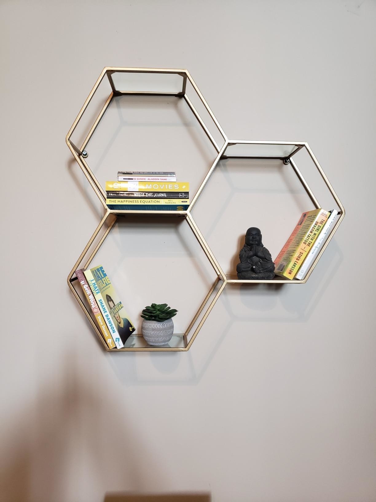 A reviewer photo of the shelf hung on a wall