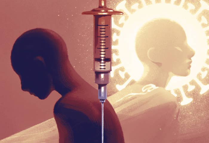 Two illustrated figures, depicted in juxtaposed light and shadow, are separated by a vertical syringe