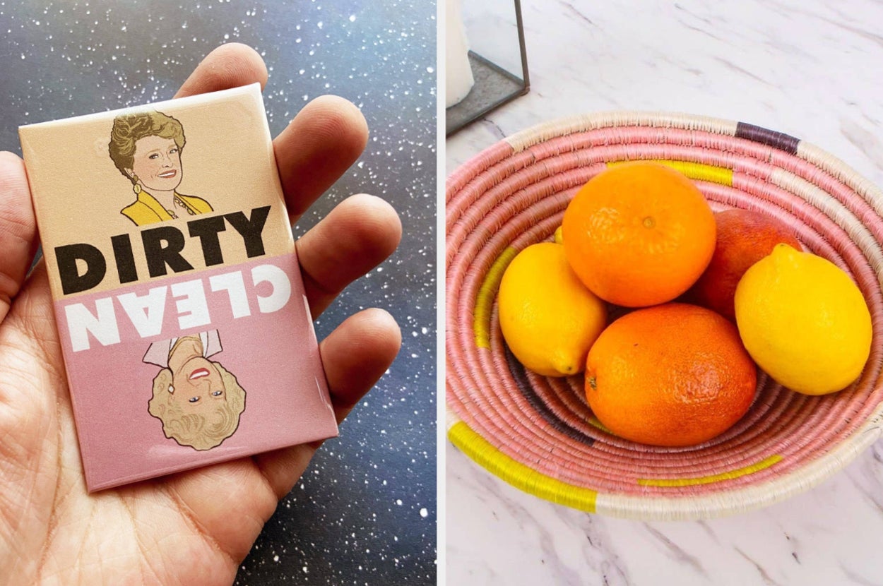 a golden girls dishwasher magnet and a woven fruit basket