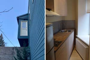 The side door of a house located on the second story with no stairs or patio under it and a kitchen that is extremely narrow