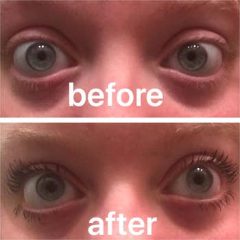 a before and after of a reviewer's lashes with and without the mascara, much more long and noticeable with
