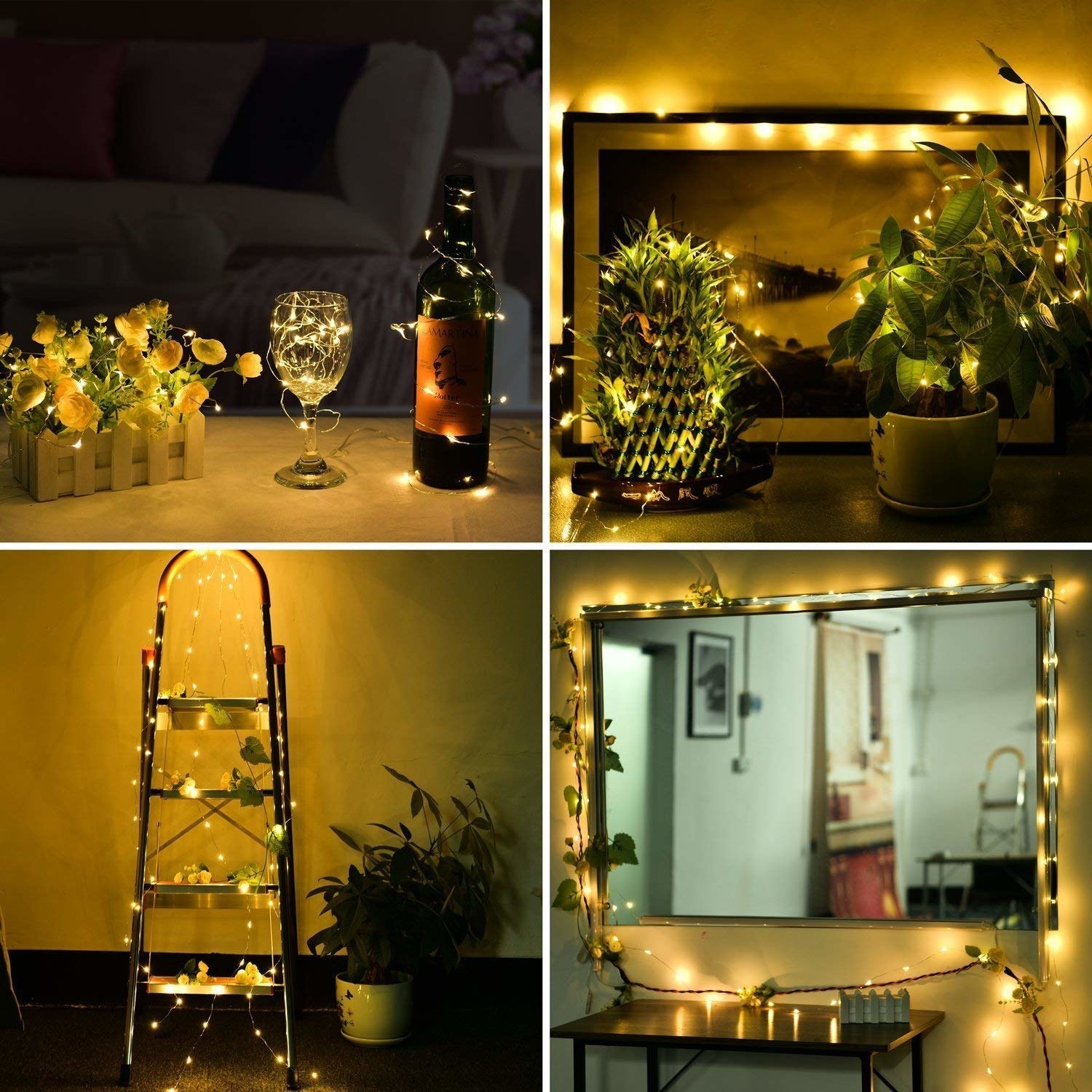 Various items draped with fairy lights, such as a wine glass and bottle, mirrors, ladders, and plants.