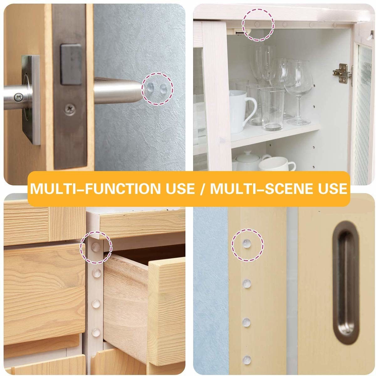 Collage of various uses of the sound dampeners, such as on doors and cabinets. Text reads: “Multi-function use/multi-scene use”.