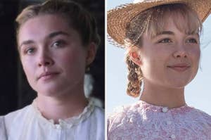 Amy from Little Women as an adult with a middle part and Amy as a kid with bangs and braids