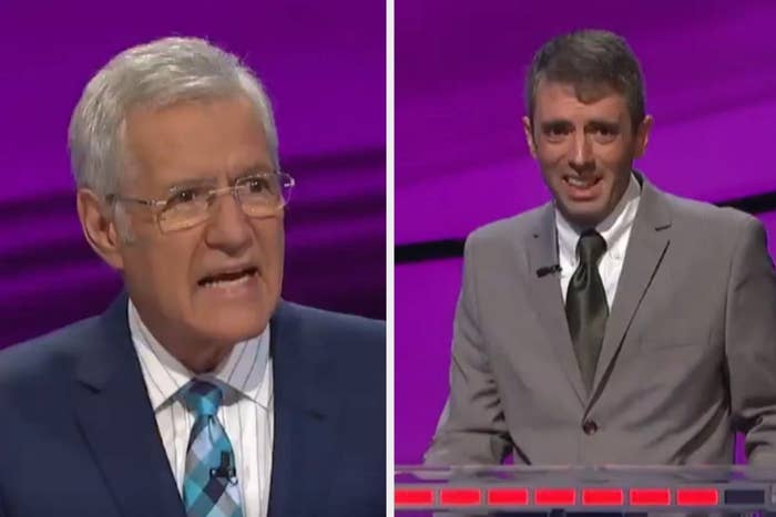 Host Alex Trebek and contestant looking confused
