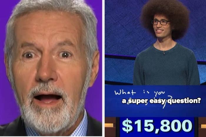 Contestants on Jeopardy looking shocked with the words &quot;What is a super easy question?&quot; and the numbers $15,800