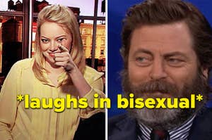 A split thumbnail of two people and the words "laughs in bisexual" 