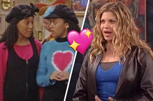 On the left, Tia and Tamera on "Sister, Sister," and on the right, Danielle Fishel as Topanga on "Boy Meets World" with a sparkle heart emoji in the middle
