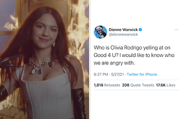 Olivia Rodrigo side by side with a Dionne Warwick tweet about her song