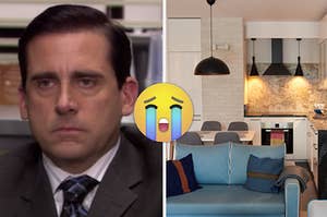 Michael Scott sits with an angry expression on his face and a blue couch sit in front of a small table with four chairs pushed in and a small kitchenette with hanging lamps.