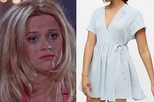 On the left, Elle Woods crying with makeup running down her face, and on the right, someone wearing a short wrap dress