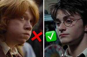 Ron Wealsey sits with his cheeks puffed out and Harry Potter looks forlornly towards the floor. There's a X mark over Ron's picture and a checkmark over Harry's.