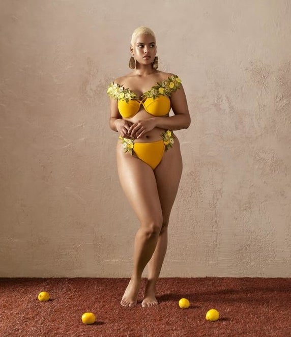 model in yellow bikini with leaf and lemon trim