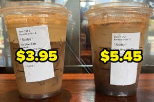 the dupe drink with the price of $3.95 and the real drink with the price of $5.45