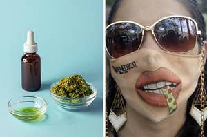A side-by-side image of cannabis and a woman wearing a face mask with a blunt shown