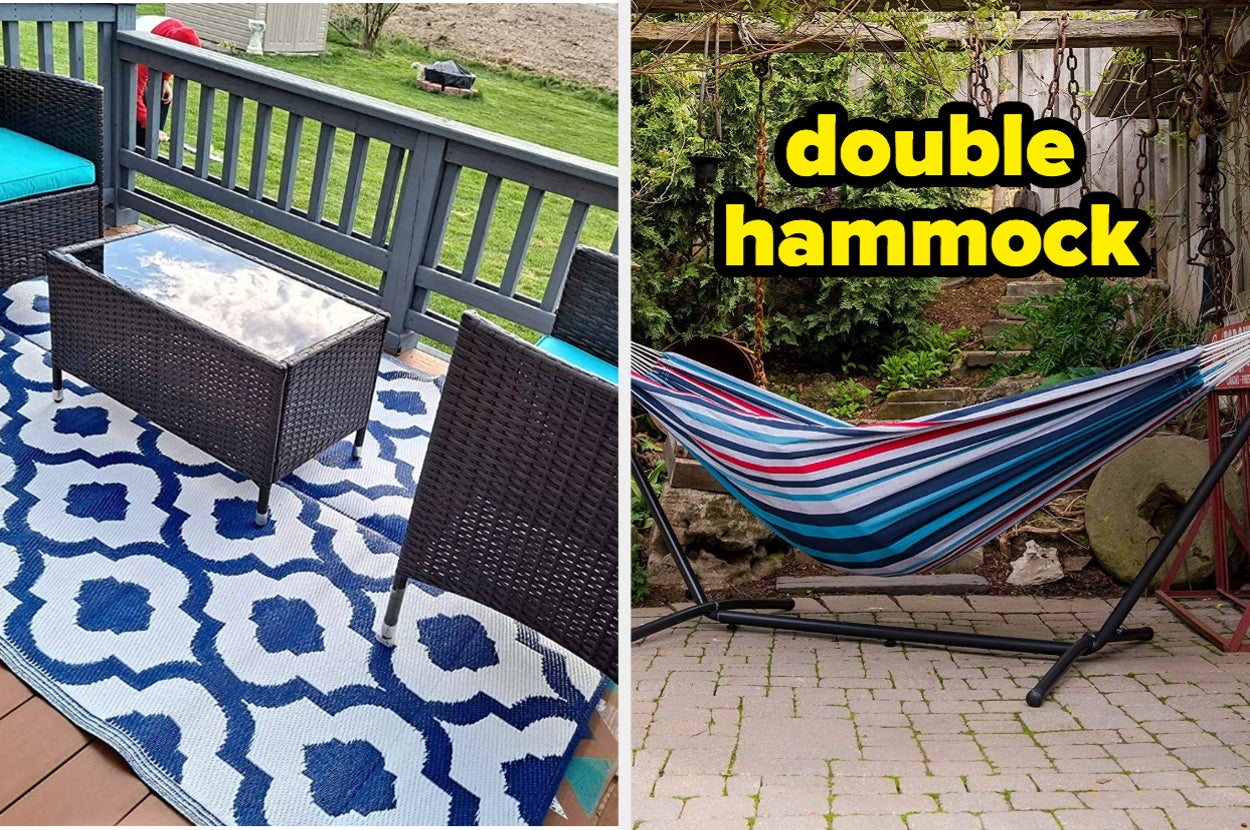 An outdoor rug and a double hammock