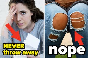 a woman looking stressed next to ripped jeans