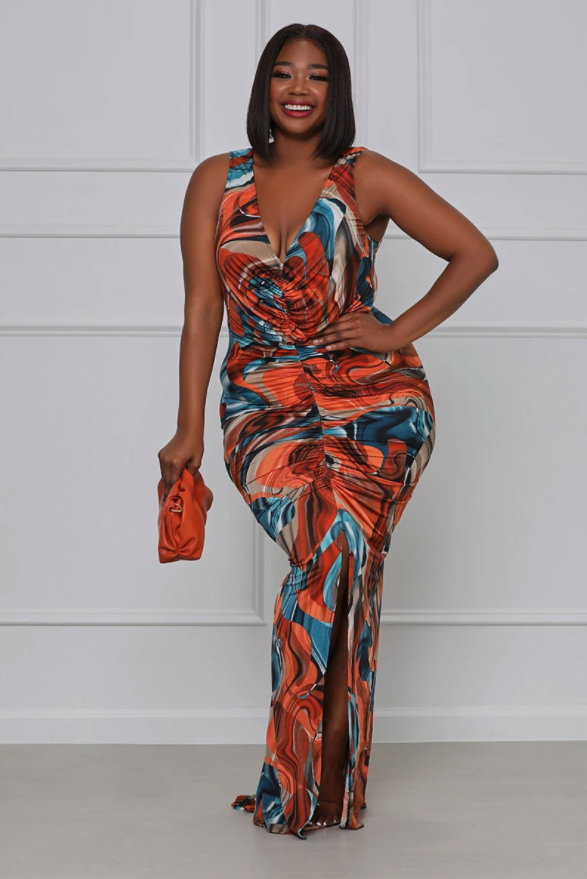 model wearing the blue and orange multicolor maxi dress 