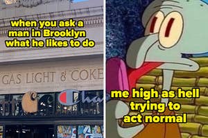 A tweet said, "When you ask a man in Brooklyn what he likes to do" with an attached photo of store called, "Gas Light and Coke" and another tweet sa