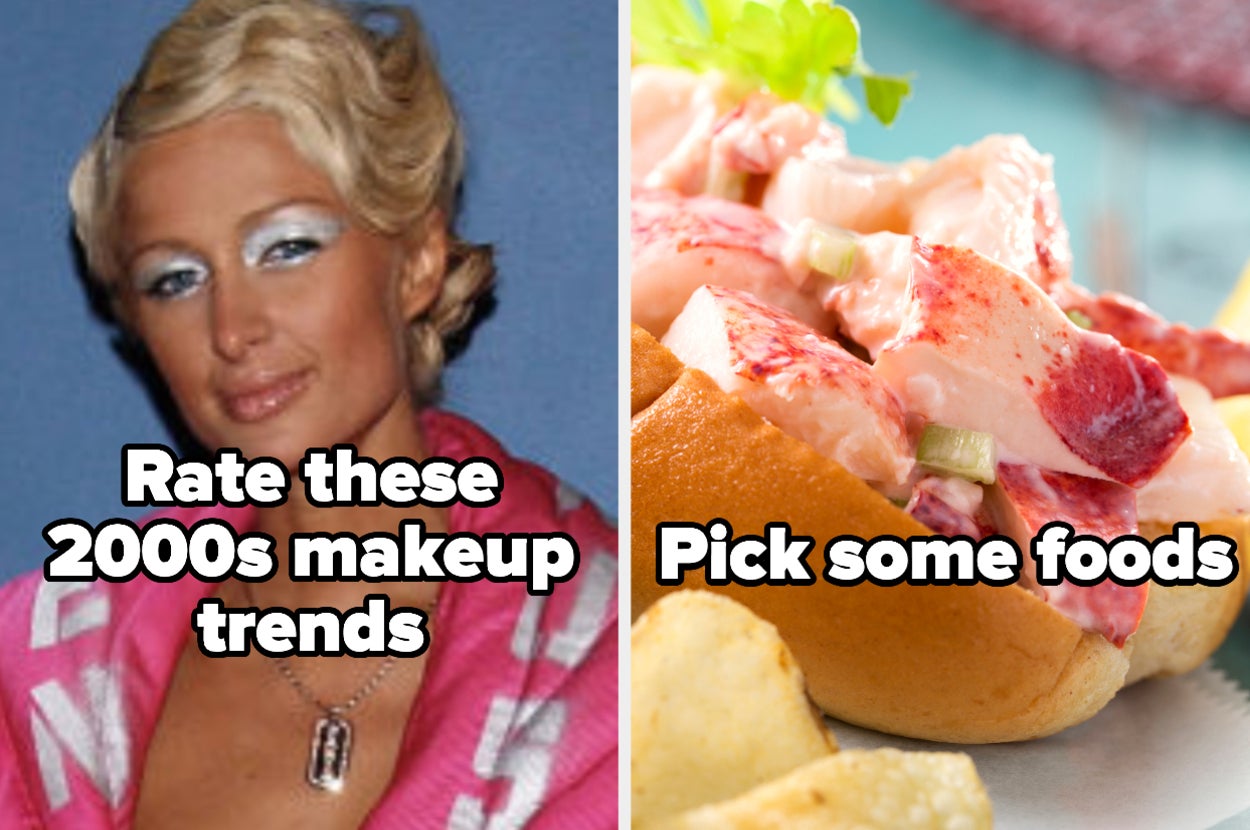 Paris Hilton with the words "Rate these 2000s makeup trends" and "Pick some foods" with lobster roll