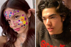 On the left, Olivia Rodrigo with stickers all over her face, and on the right, Conan Gray with glittery makeup around his eyes