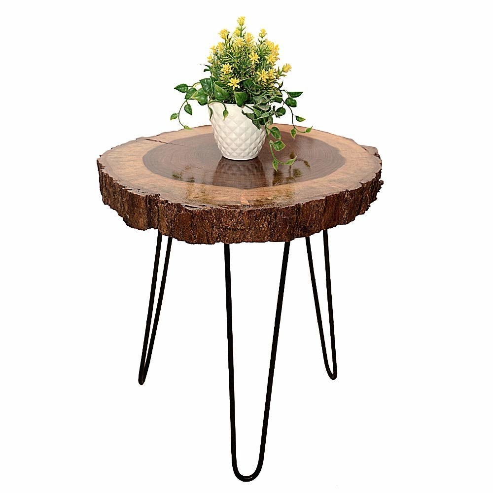 Coffee table with dark and light wood slice top with high-gloss finish and three black metal legs