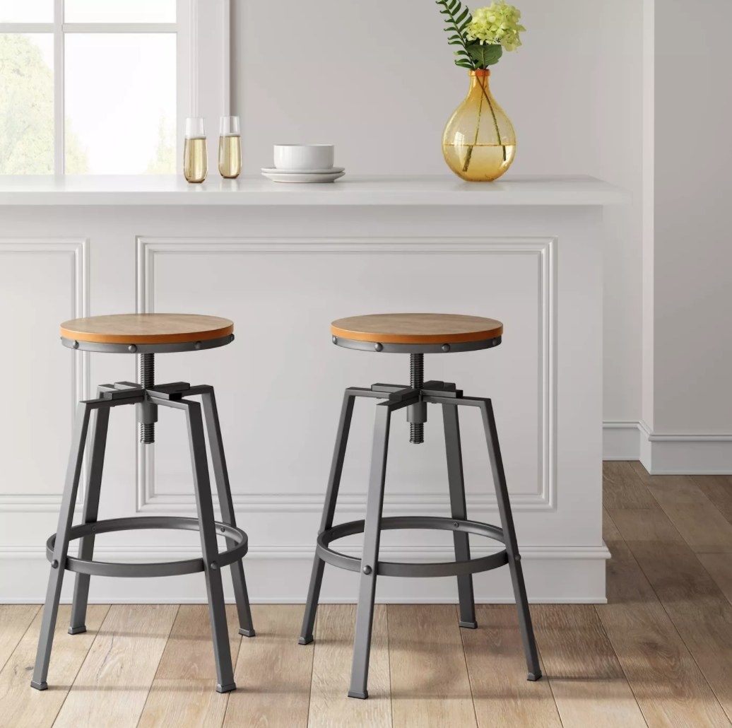 Bar stools with metal legs and wooden adjustable top
