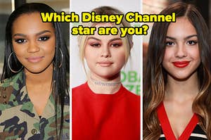 China Anne McClain, Selena Gomez, Olivia Rodrigo are posing with a caption that reads: "Which Disney Channel star are you?"