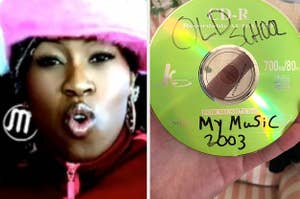 Missy Elliott in her "Gossip Folks" music video; hand holding mixed CD from 2003