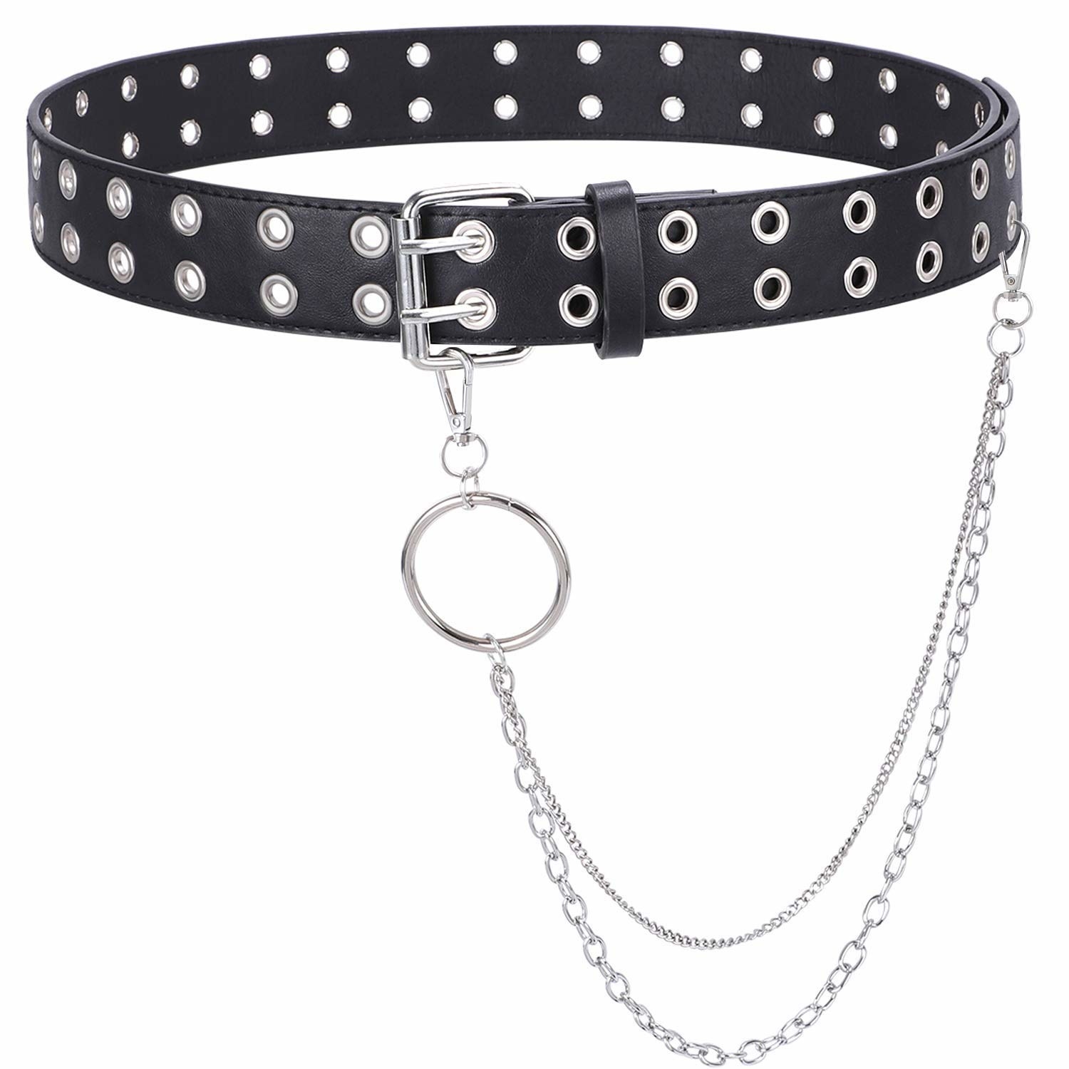 Punk rock black faux leather belt with chain 