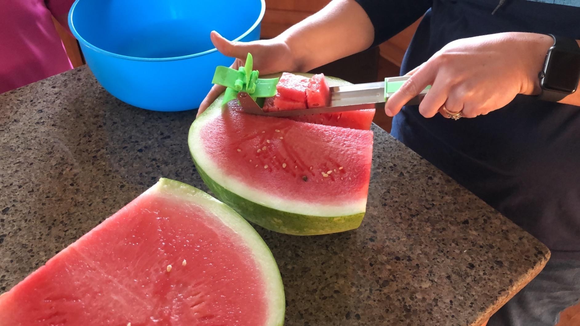 A reviewer cutting a watermelon