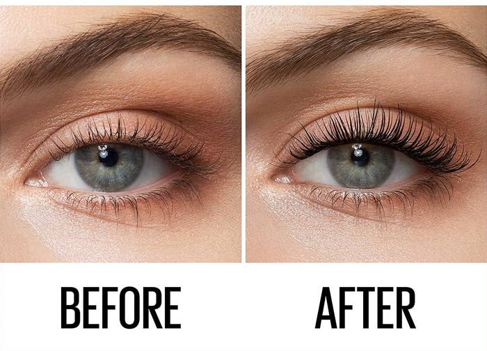 A before image of a person&#x27;s eye without eye makeup and an after image of their lashes looking dramatically longer and fuller