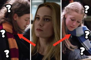 A girl wears the Gryffindor House scar, Brie Larson as Carol Danvers in the movie