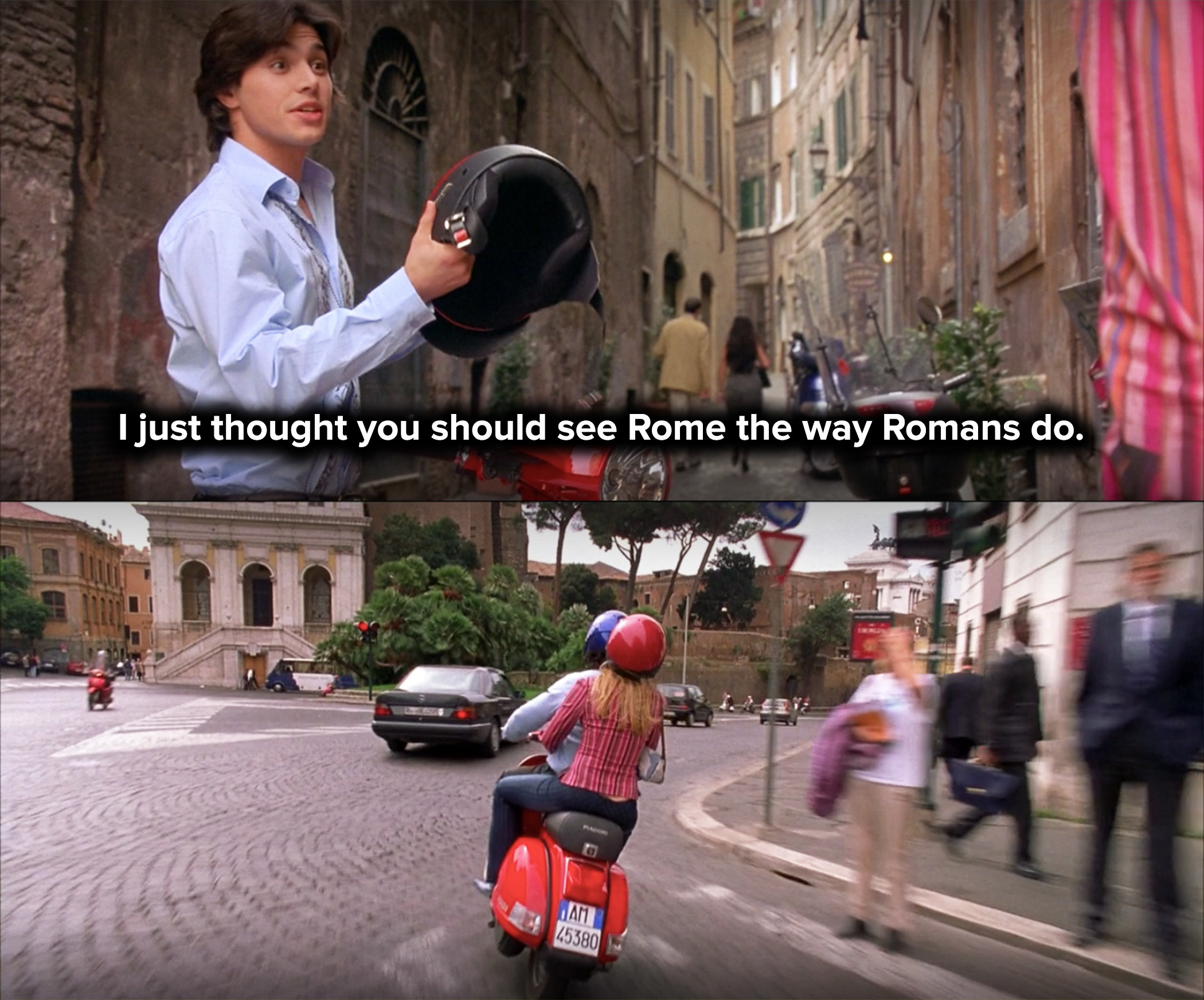 Paolo offers Lizzie a ride on his Vespa