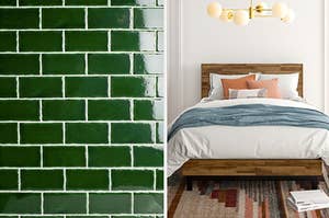deep green tiles on the left and a wooden bed frame on the right