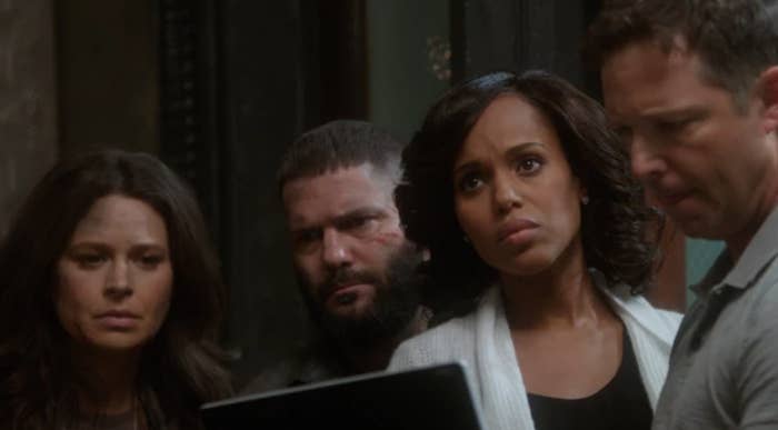 Kerry Washington as Olivia &quot;Liv&quot; Carolyn Pope, Katie Lowes as Quinn Perkins, and Guillermo Diaz as Huck in the show &quot;Scandal.&quot;