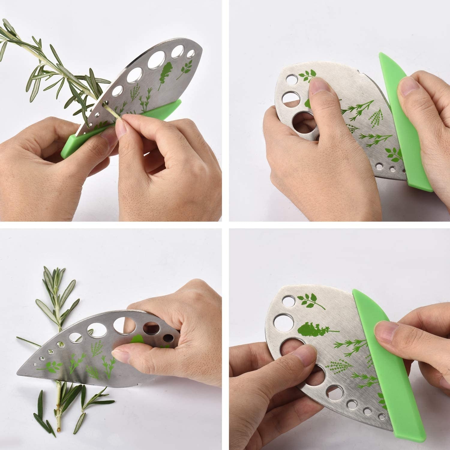 Metal tool with several different holes, all labeled with the herbs that can be stripped with each size. Four images show the different ways to pull leaves and chop them with the single tool. 